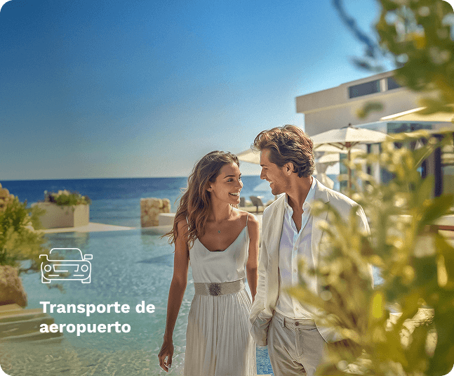 Pareja joven en un hotel con piscina