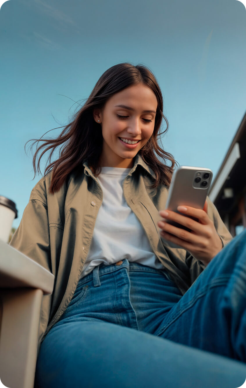 Imagen de una muchacha sosteniendo el teléfono y sonriendo