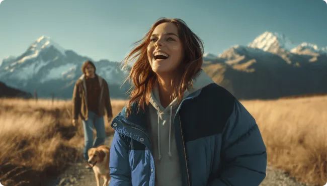 Pareja caminando en el campo y sonriendo