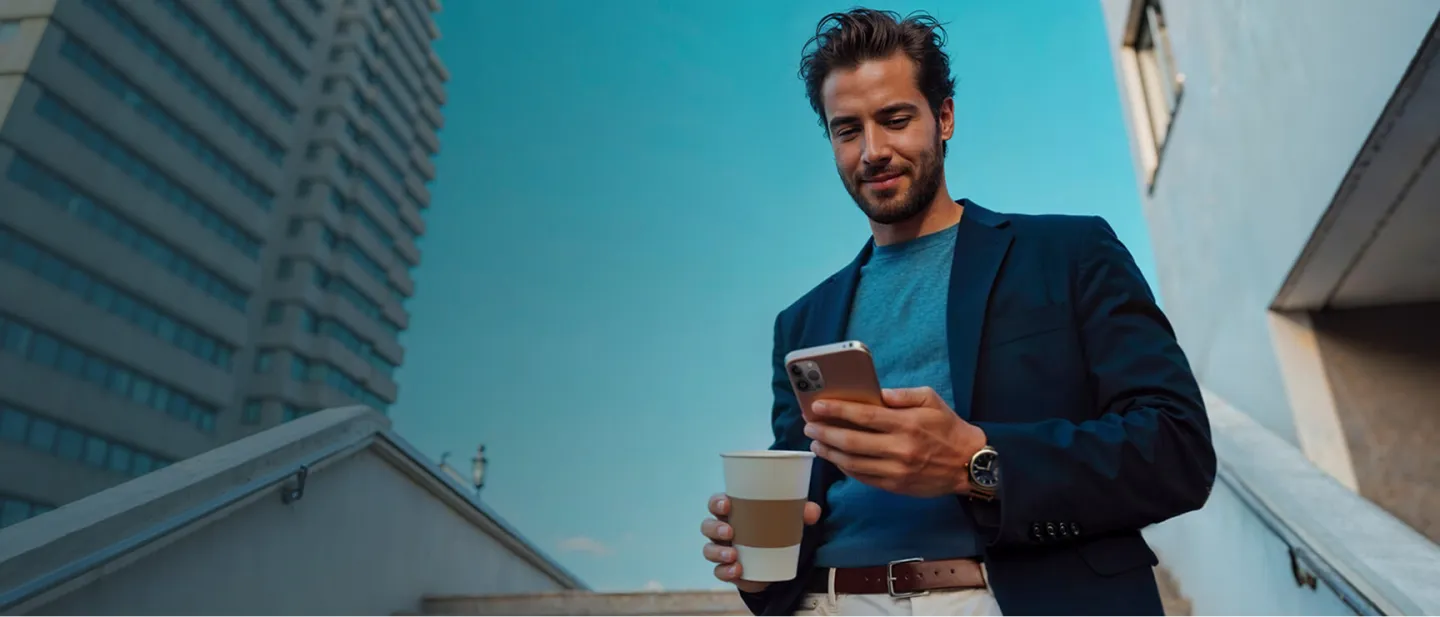 Hombre joven sonriendo mirando el teléfono